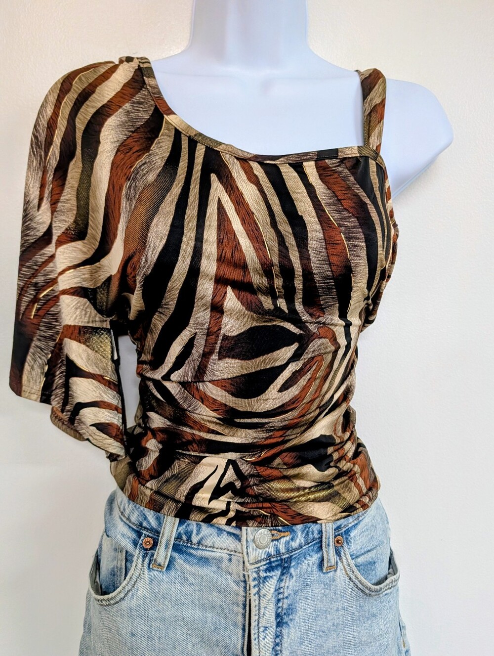 Womens Y2K Brown Silky Zebra One-Shoulder Top